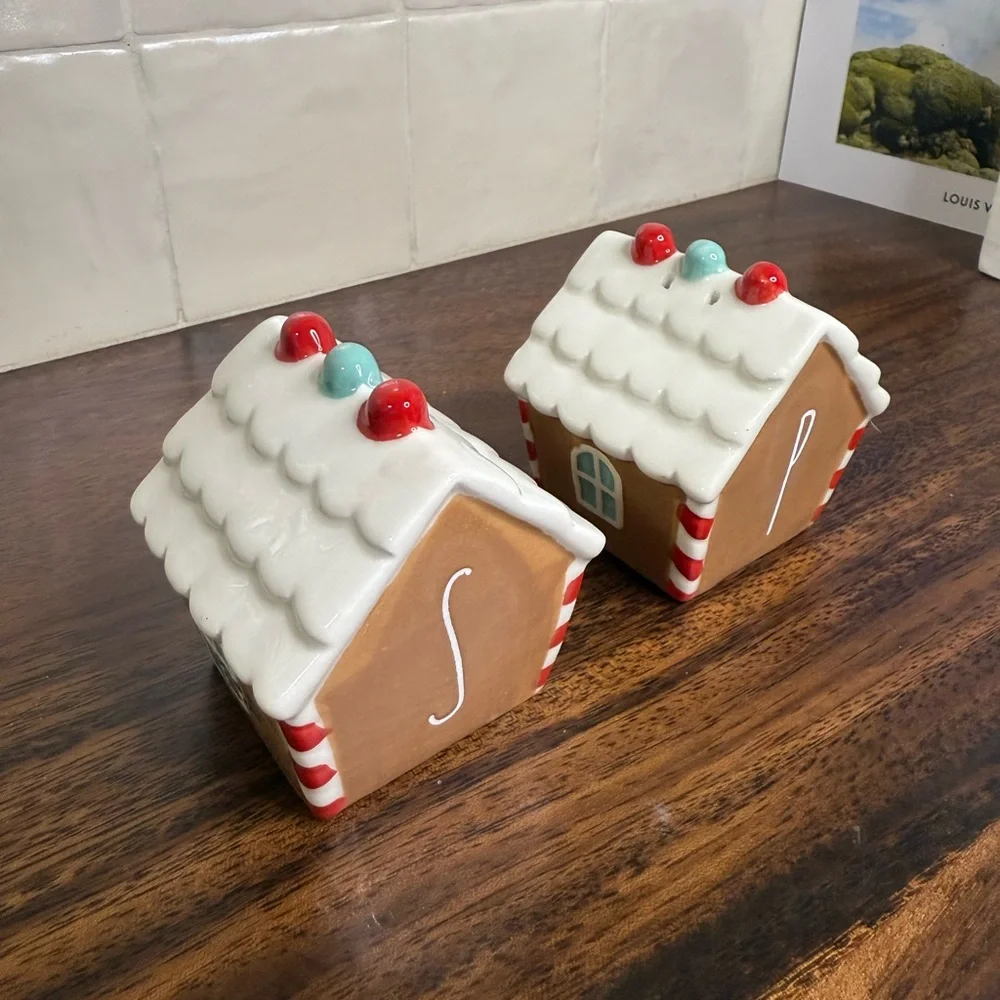 Rae Dunn Christmas Gingerbread House Salt & Pepper Shaker Set, Red Candy Cane